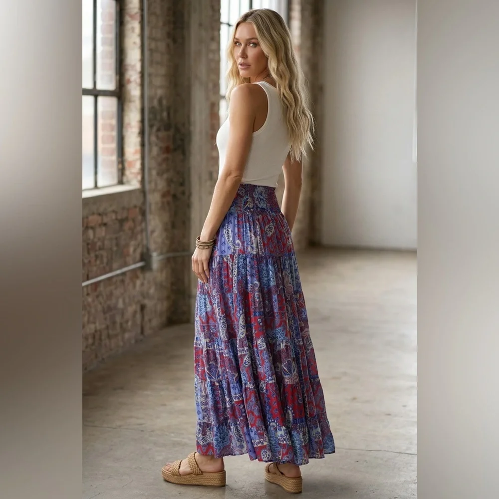NWT Angie Clothing Boho Festival Americana Paisley Floral Smocked Maxi Skirt - Picture 3 of 8